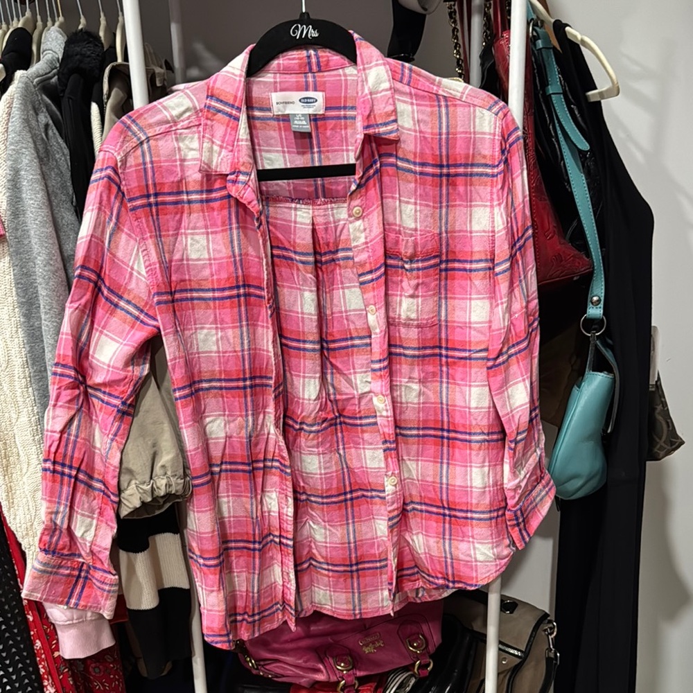 Old Navy Pink Button Down Shirt Vibrant Plaid